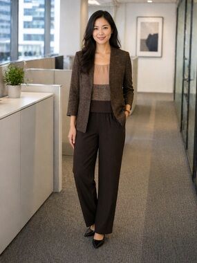 Women's Brown Wide-Leg Pantsuit with Textured Blazer